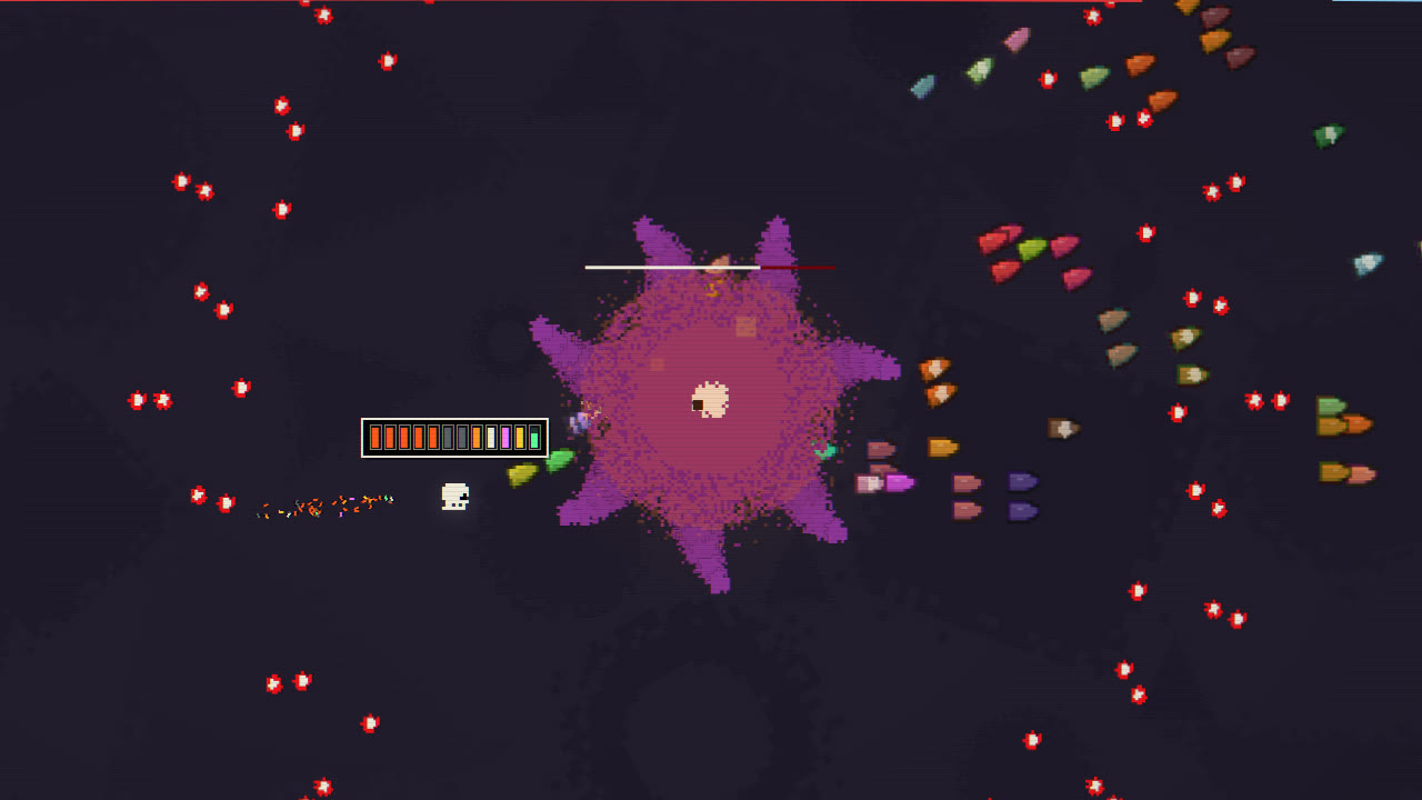 The Maw, the wave-20 boss of Depth I, taking a stream of multicoloured bullets while its red shots ring the arena.