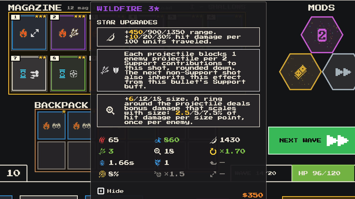 The detail panel of a 3-star Wildfire bullet, with its three chosen star upgrades and full stats.