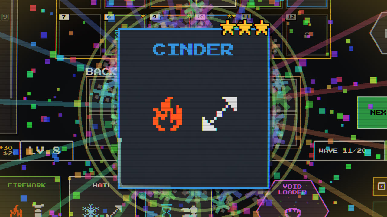 The STAR UP moment in the shop: three Cinder bullets merge into a 3-star Cinder amid fireworks.