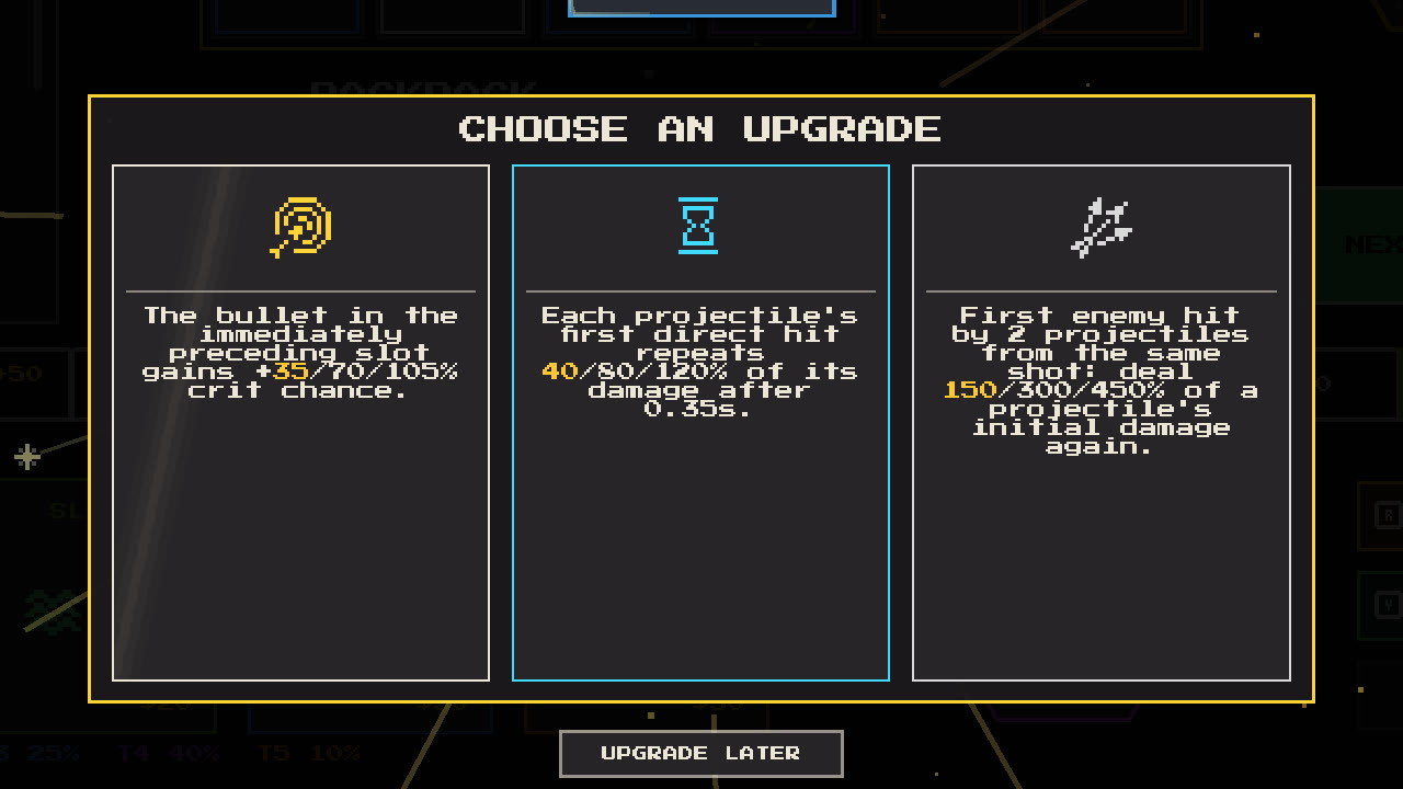 Choosing one of three upgrades for a freshly merged 3-star Rewind bullet.