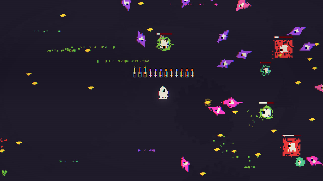 The Hooded One charges a volley, a row of loaded arrows above the player, as enemies close in on wave 16.
