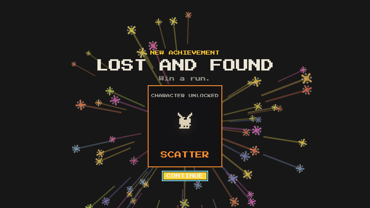 A new achievement reveal unlocking the character Scatter, with fireworks behind the card.