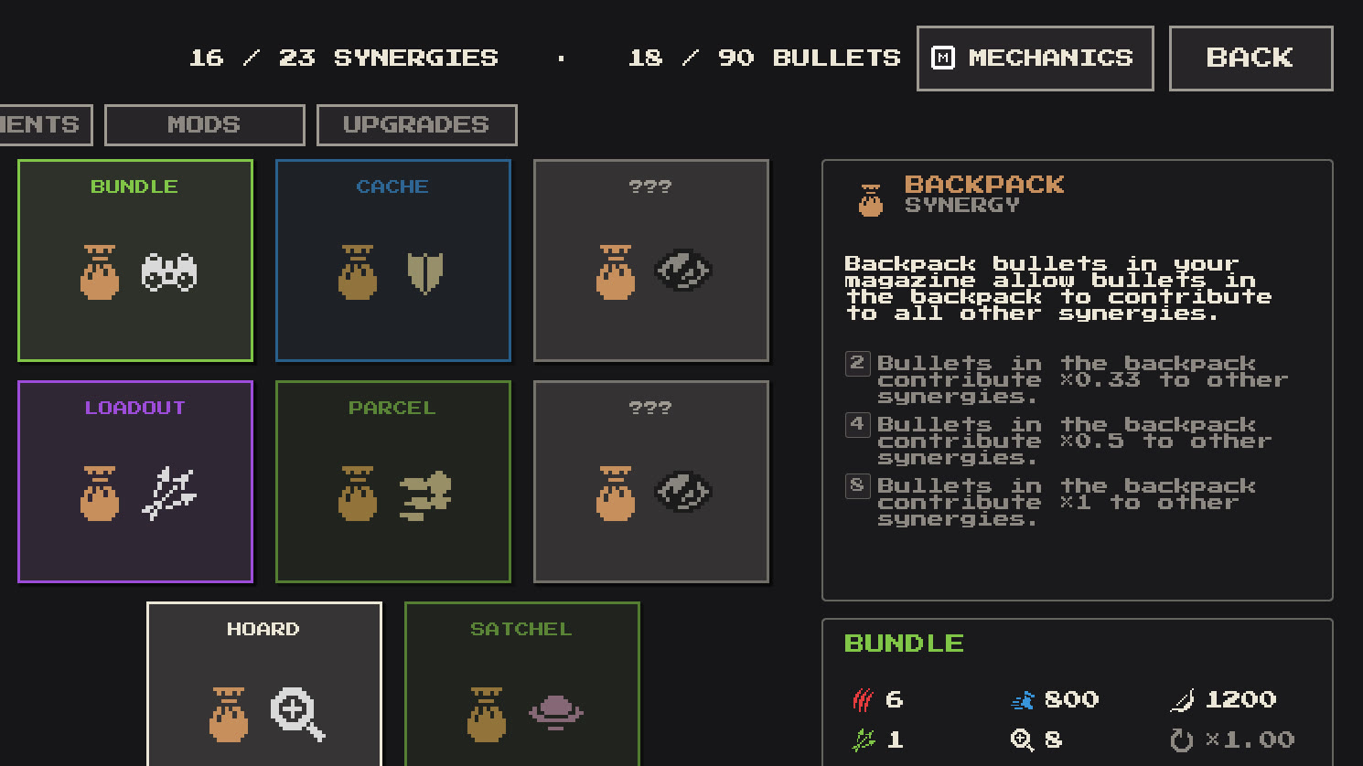 The Codex, tracking discovered bullets and synergies, with undiscovered ones hidden as ???.