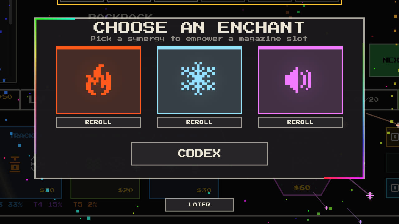 The Choose an Enchant popup offering Burn, Frost and Echo synergies to empower a magazine slot.